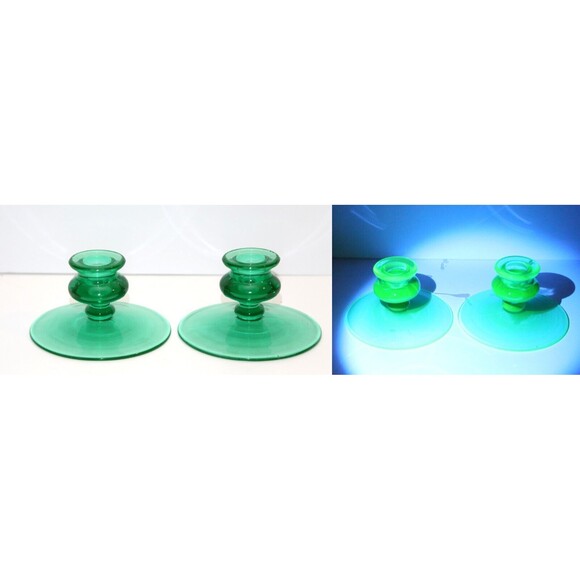 Vtg Pair Uranium Glass Candlestick Holders  Green Depression Glass - Picture 1 of 11